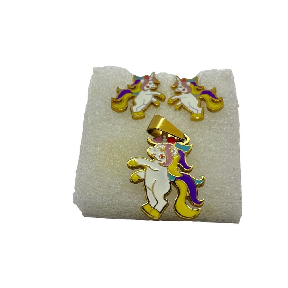 Unicorn Retro Rainbow Gold Tone Enamel Earring and Necklace Set No Chain in Box